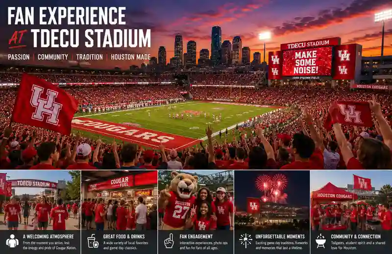 Fans cheering inside TDECU Stadium during a Houston Cougars football game with packed stands, illuminated field, fireworks, fan activities, concession areas, tailgating scenes, and the Houston skyline glowing at sunset in the background.